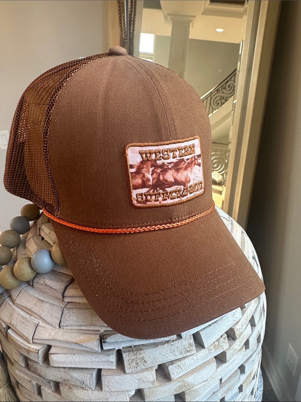 Western Graphic Brown Trucker Hat with Orange Trim